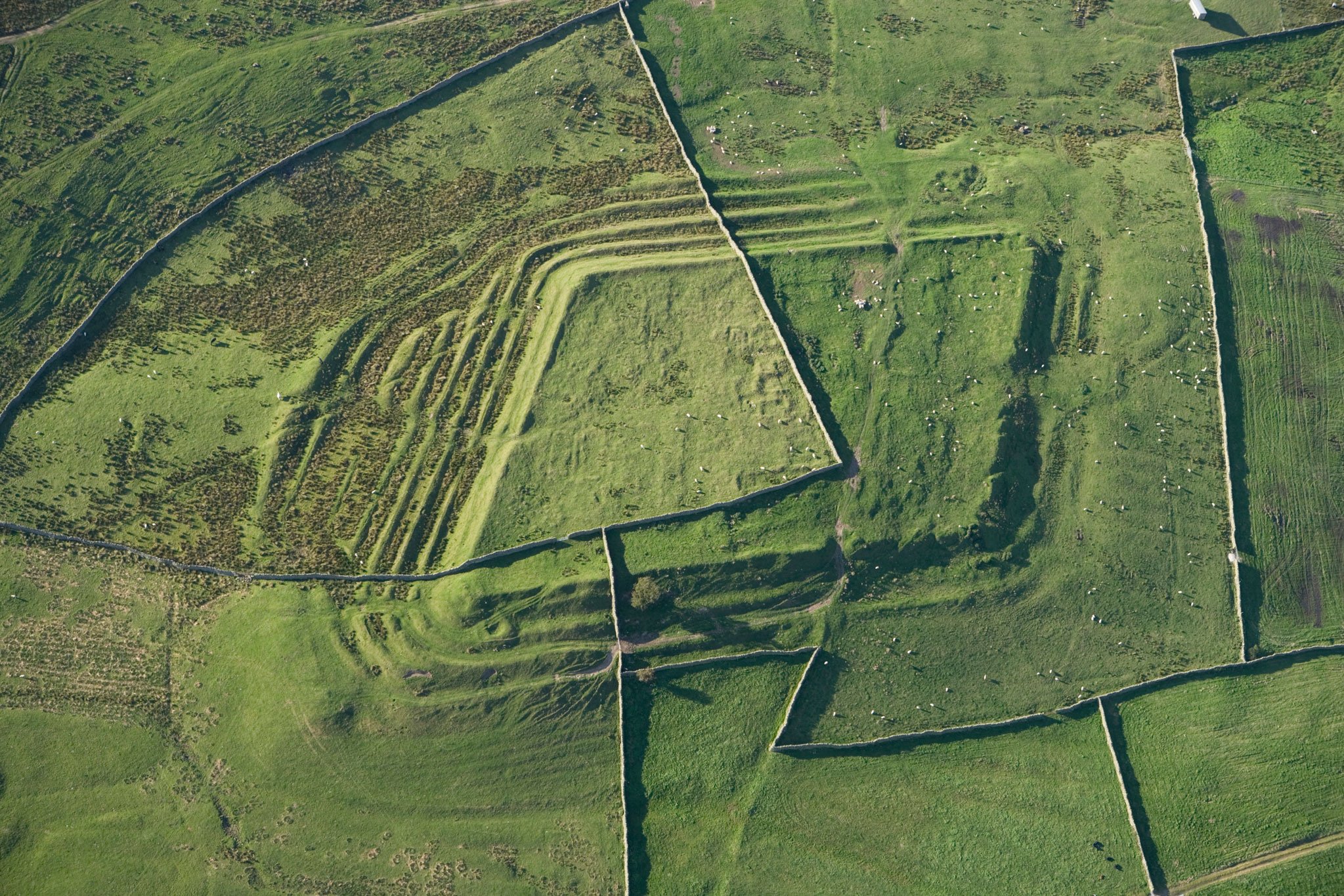 An aerial photograph of a Roman fort seen as earthworks.
