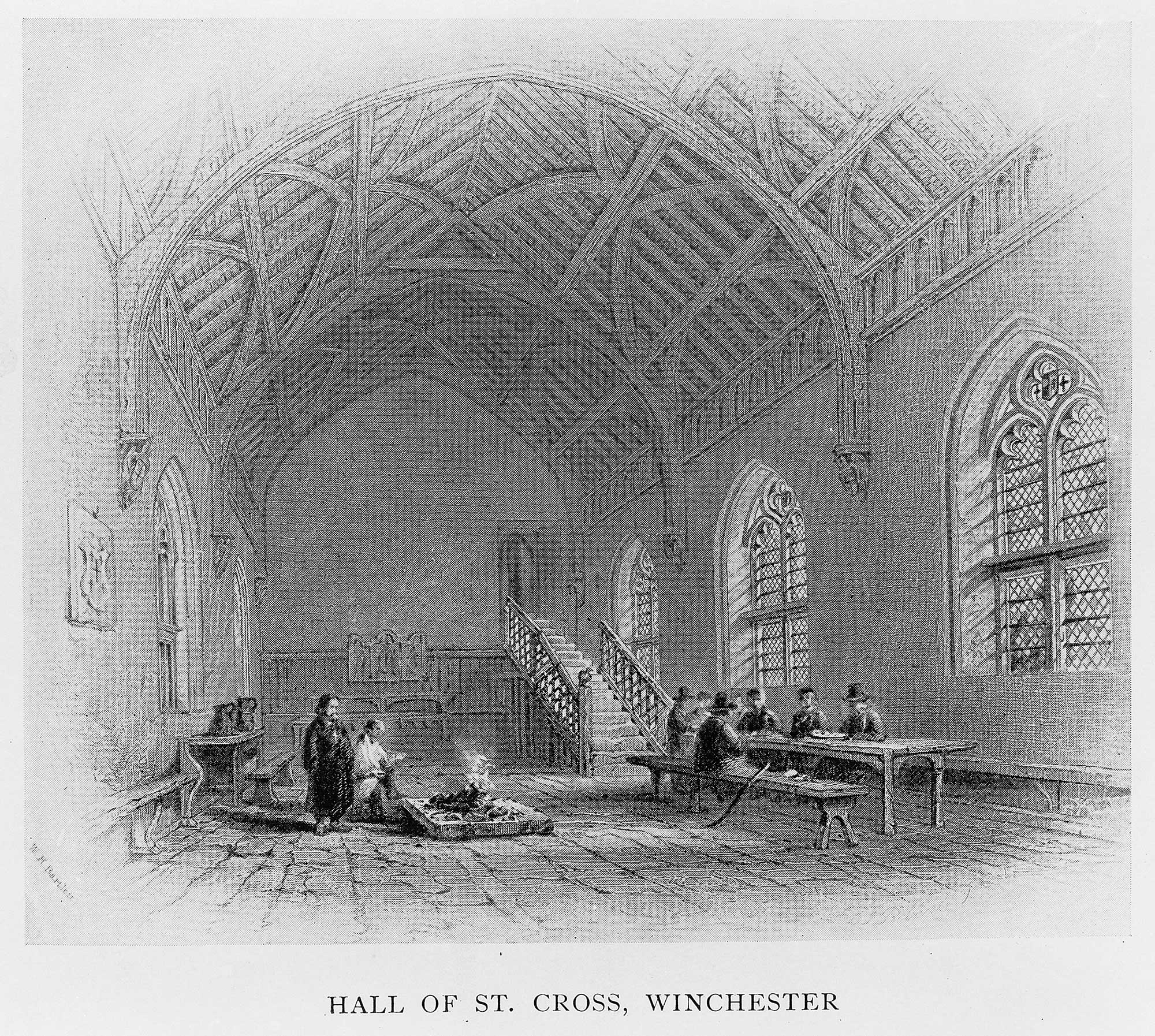 A drawing of people eating in the infirmary hall of St Cross, Winchester.