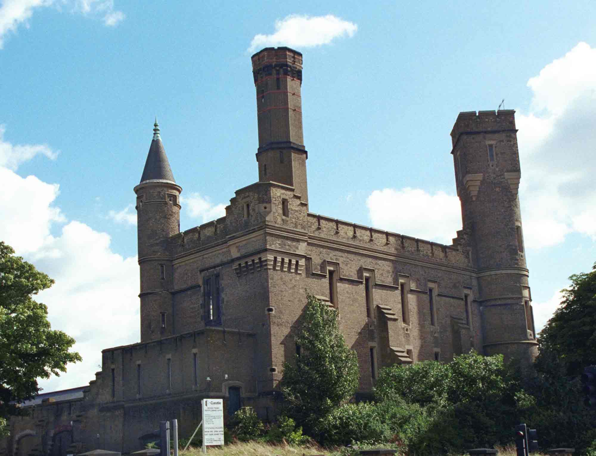 Pumping station resembling a castle.