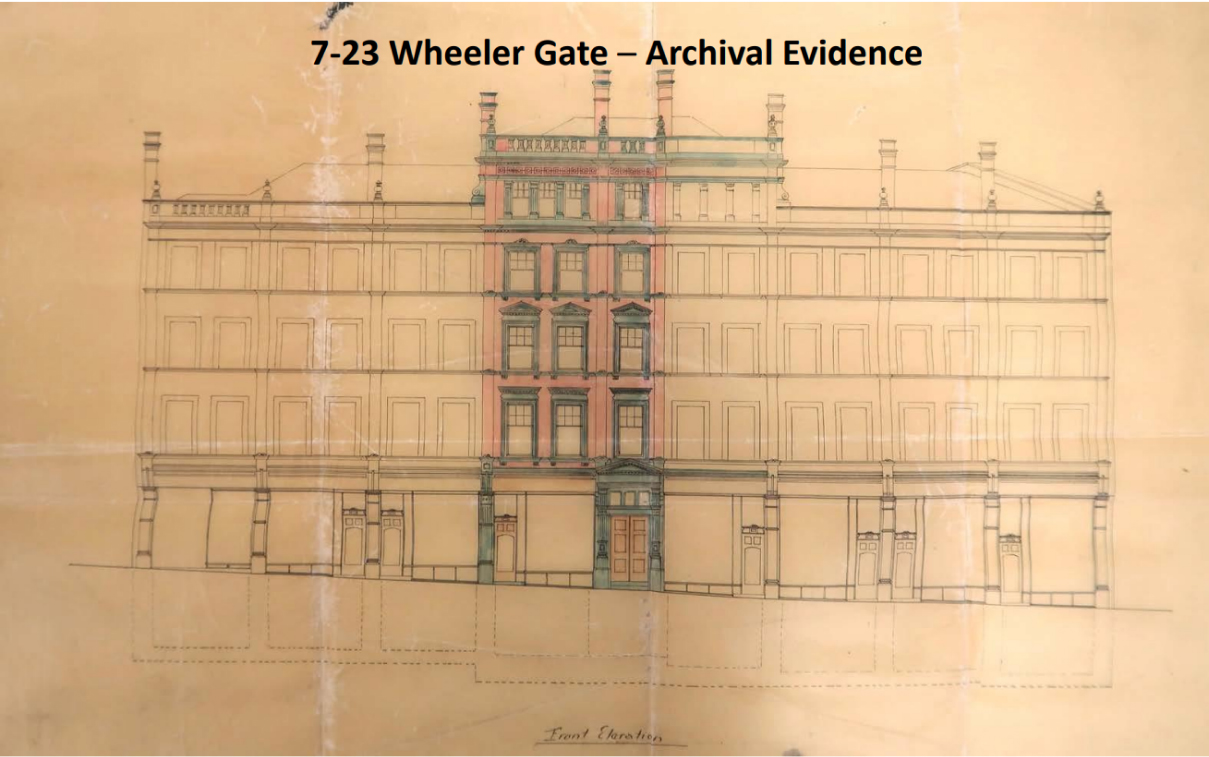 An architectural drawing of the front elevation of 7-23 Wheeler Gate. 