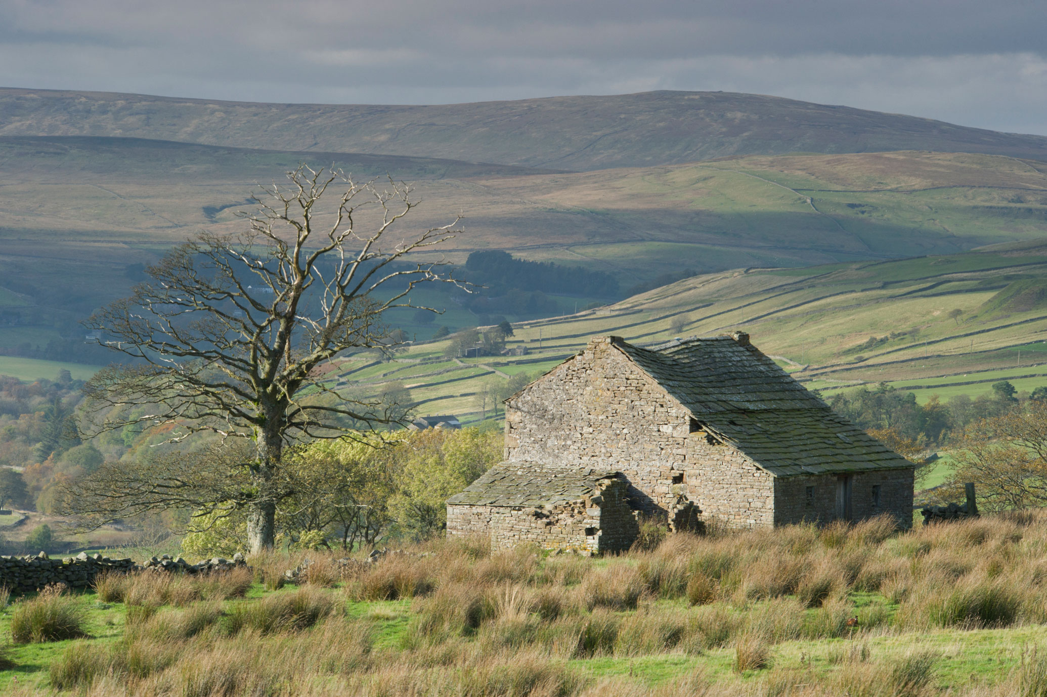 An agricultural building built of stone set in a moorland landscape is in the foreground of this photograph, in the background are  field walls clinging to hillsides.